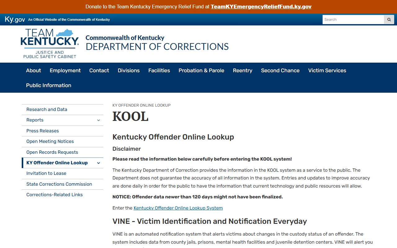 Kentucky DOC KOOL Cumberland County inmate records locator source